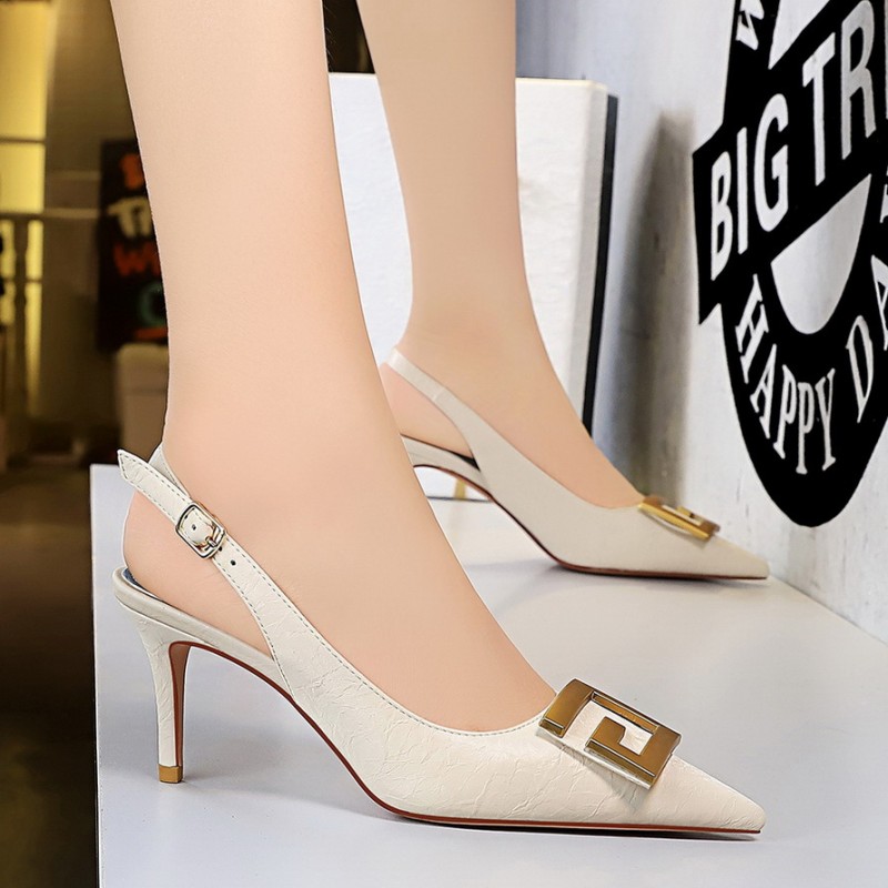Metal Square Buckle Thin Heel Party Shoes Black Green White Woman Pointed Toe Hollow Back Strap Pumps Middle Heel Sandals Metal Square Buckle Thin Heel Party Shoes Black Green White Woman Pointed Toe Hollow Back Strap Pumps Middle Heel Sandals