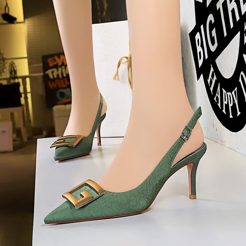 Metal Square Buckle Thin Heel Party Shoes Black Green White Woman Pointed Toe Hollow Back Strap Pumps Middle Heel Sandals Metal Square Buckle Thin Heel Party Shoes Black Green White Woman Pointed Toe Hollow Back Strap Pumps Middle Heel Sandals