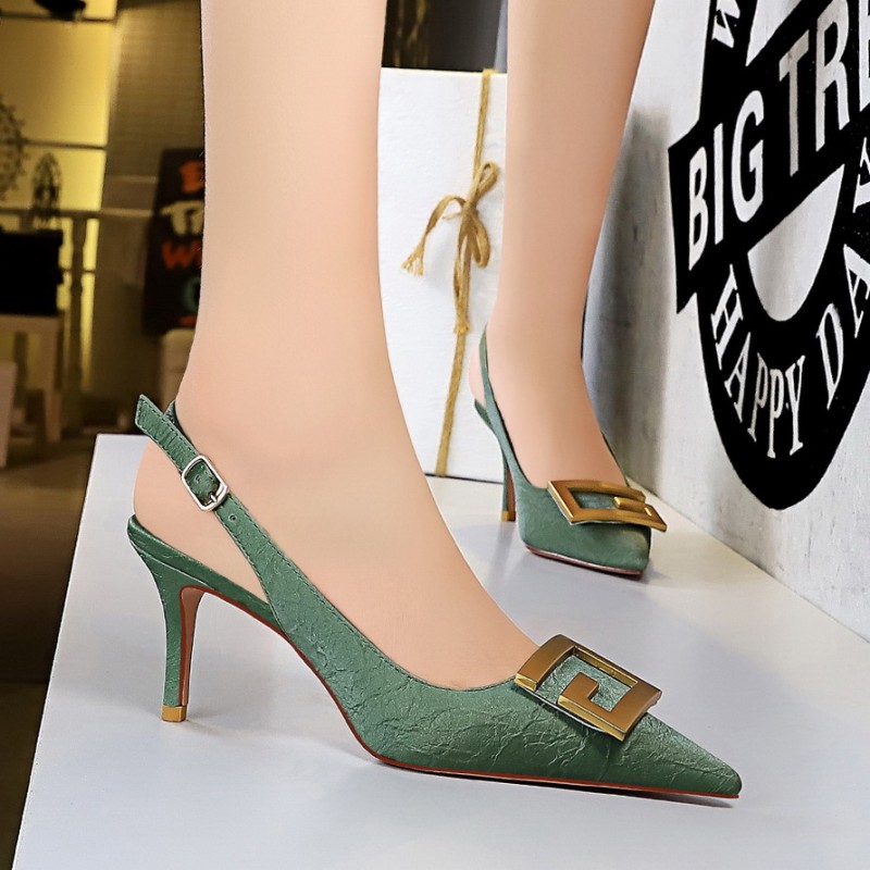 Metal Square Buckle Thin Heel Party Shoes Black Green White Woman Pointed Toe Hollow Back Strap Pumps Middle Heel Sandals Metal Square Buckle Thin Heel Party Shoes Black Green White Woman Pointed Toe Hollow Back Strap Pumps Middle Heel Sandals