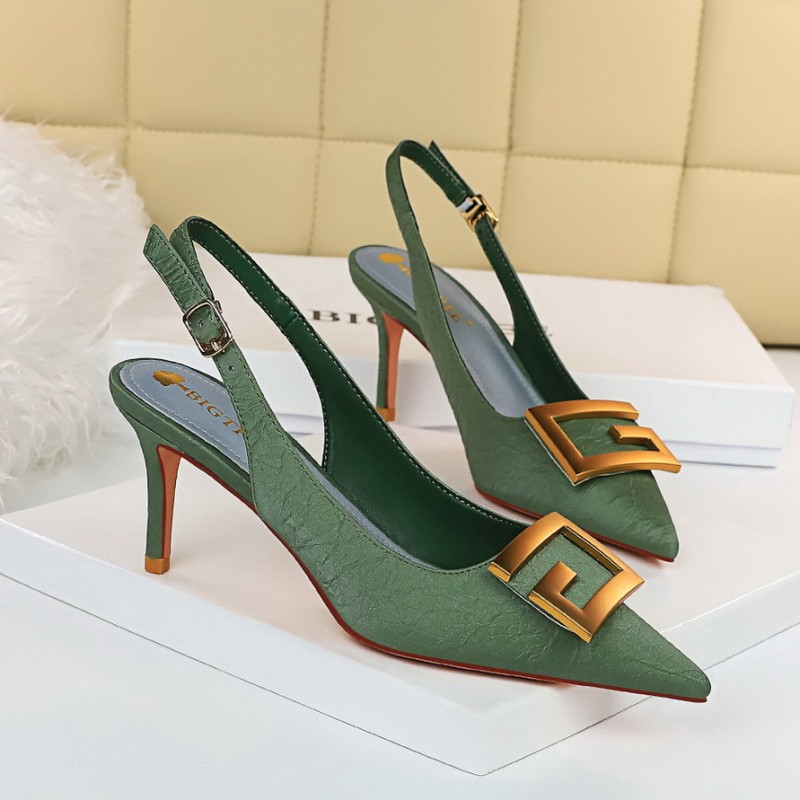 Metal Square Buckle Thin Heel Party Shoes Black Green White Woman Pointed Toe Hollow Back Strap Pumps Middle Heel Sandals Metal Square Buckle Thin Heel Party Shoes Black Green White Woman Pointed Toe Hollow Back Strap Pumps Middle Heel Sandals